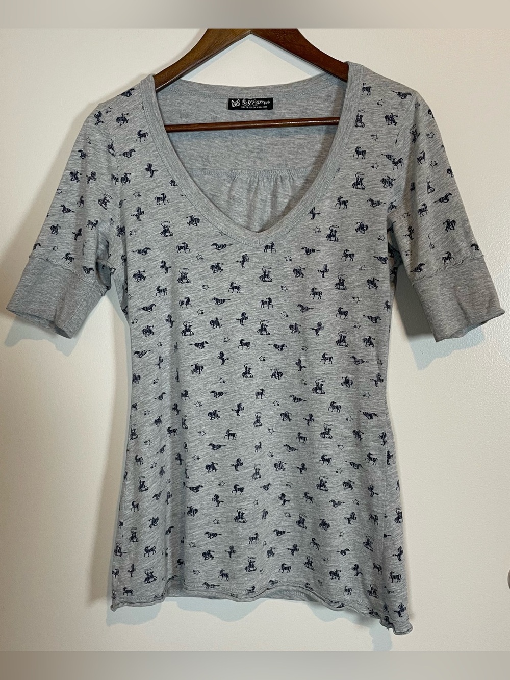 Y2K Self Esteem Gray Navy Horses V-neck Small Blouse Shirt